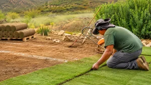 Freshly installed sod for backyard landscaping